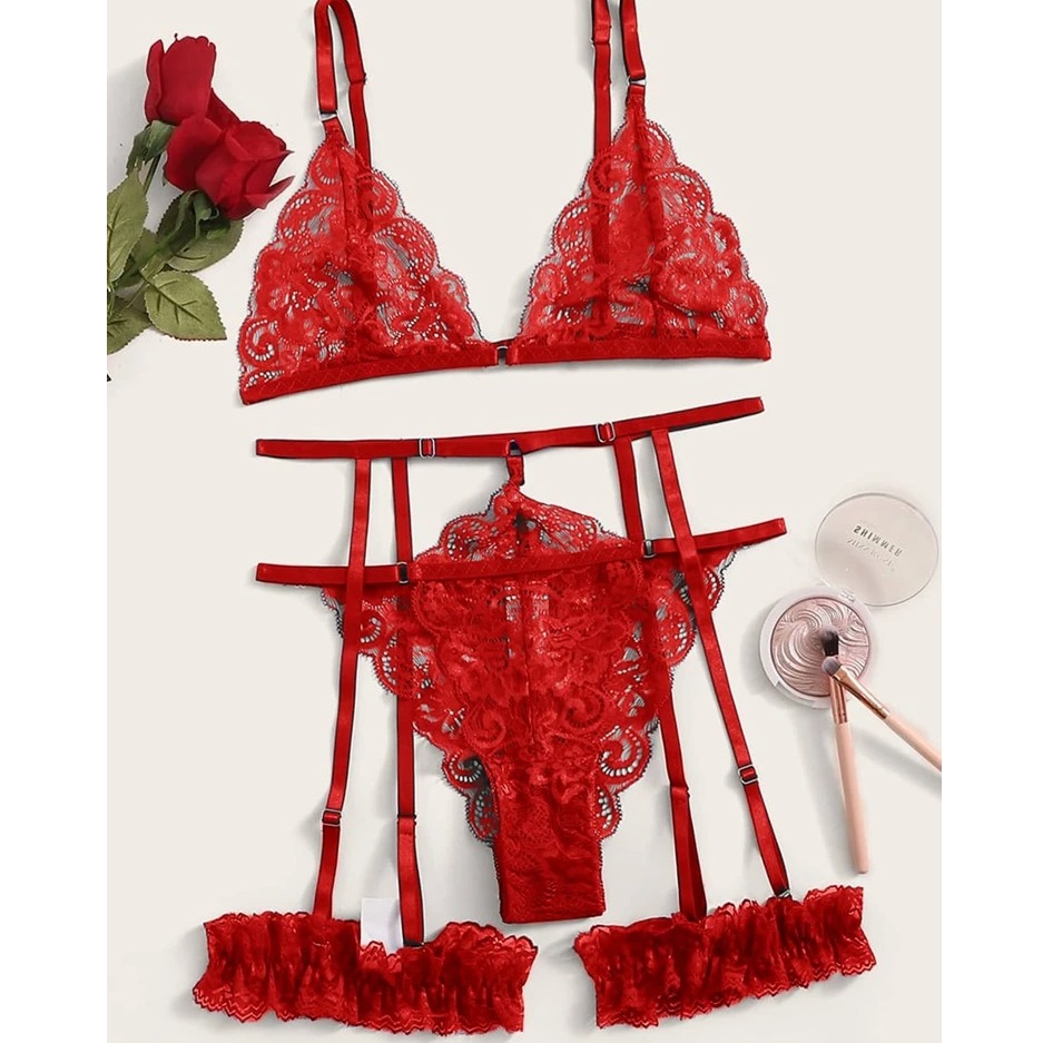 Floral lace garter lingerie set