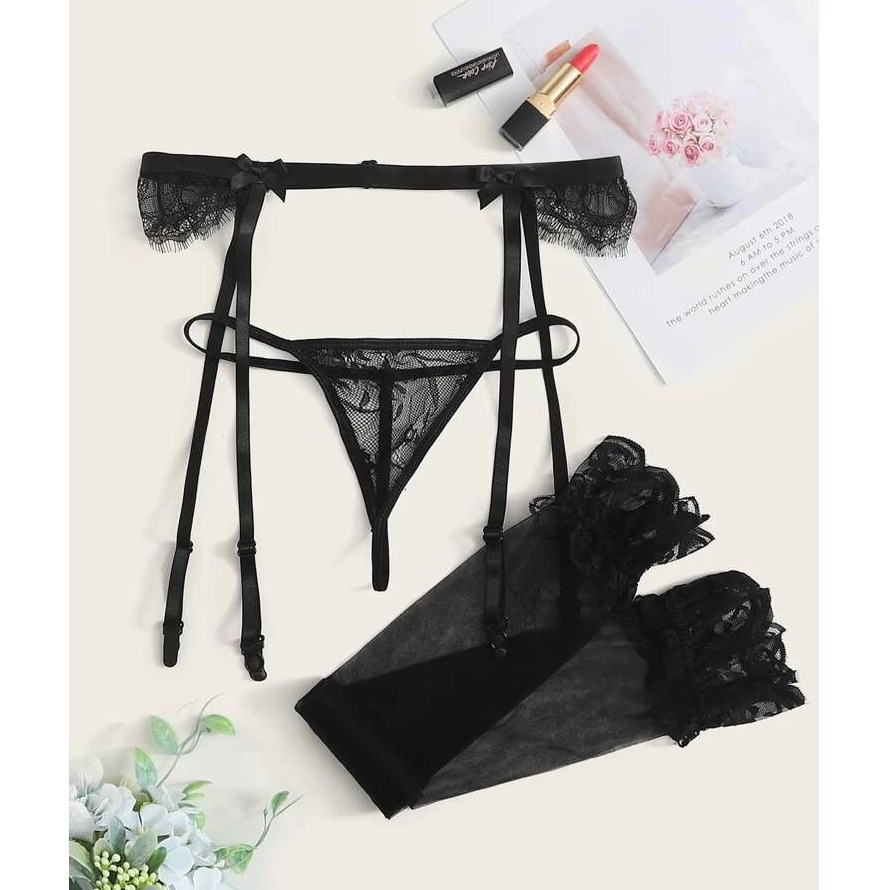 Floral lace thong & stockings