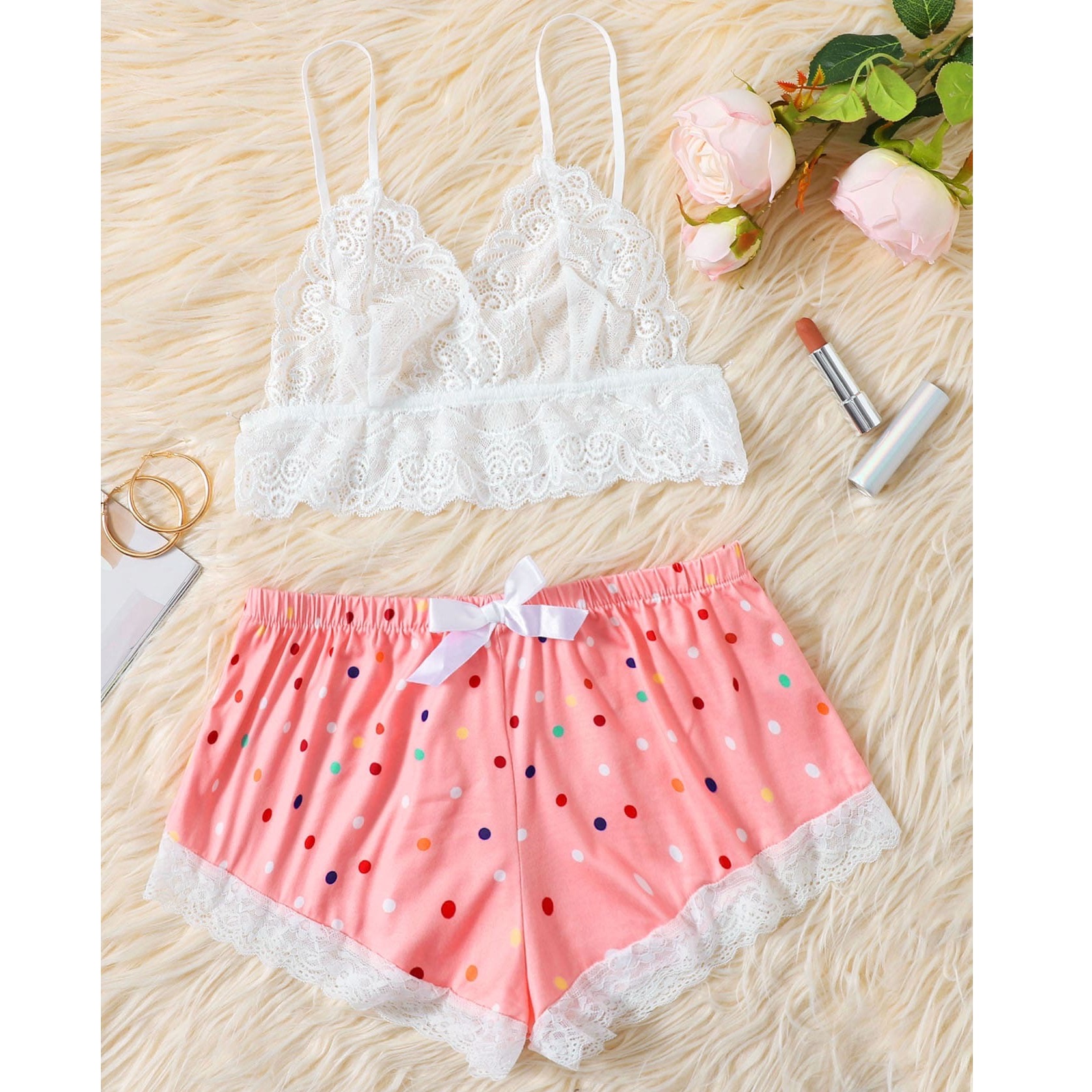 Floral Lace Bralette With Polka Dot Shorts