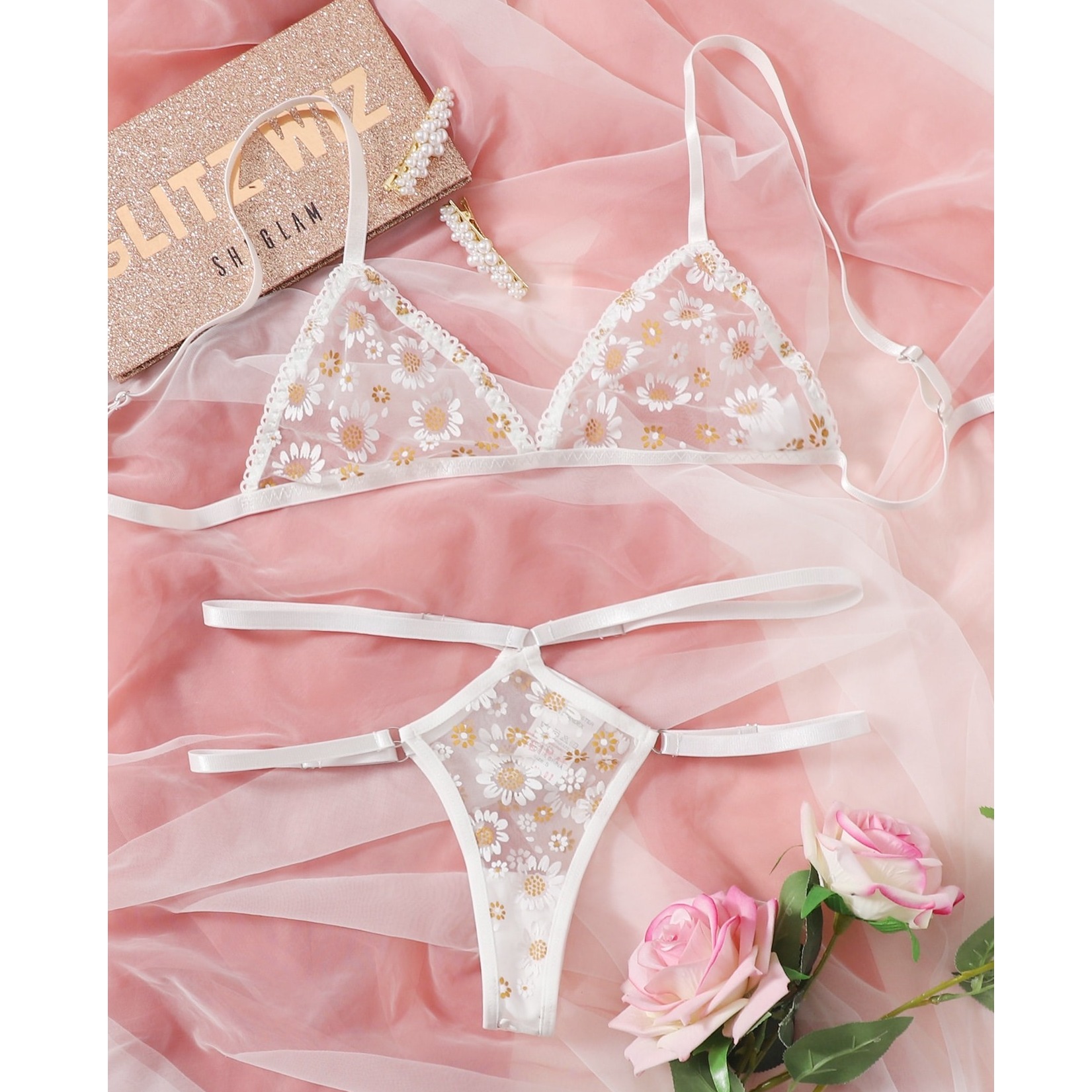 Floral Pattern Mesh Lingerie Set