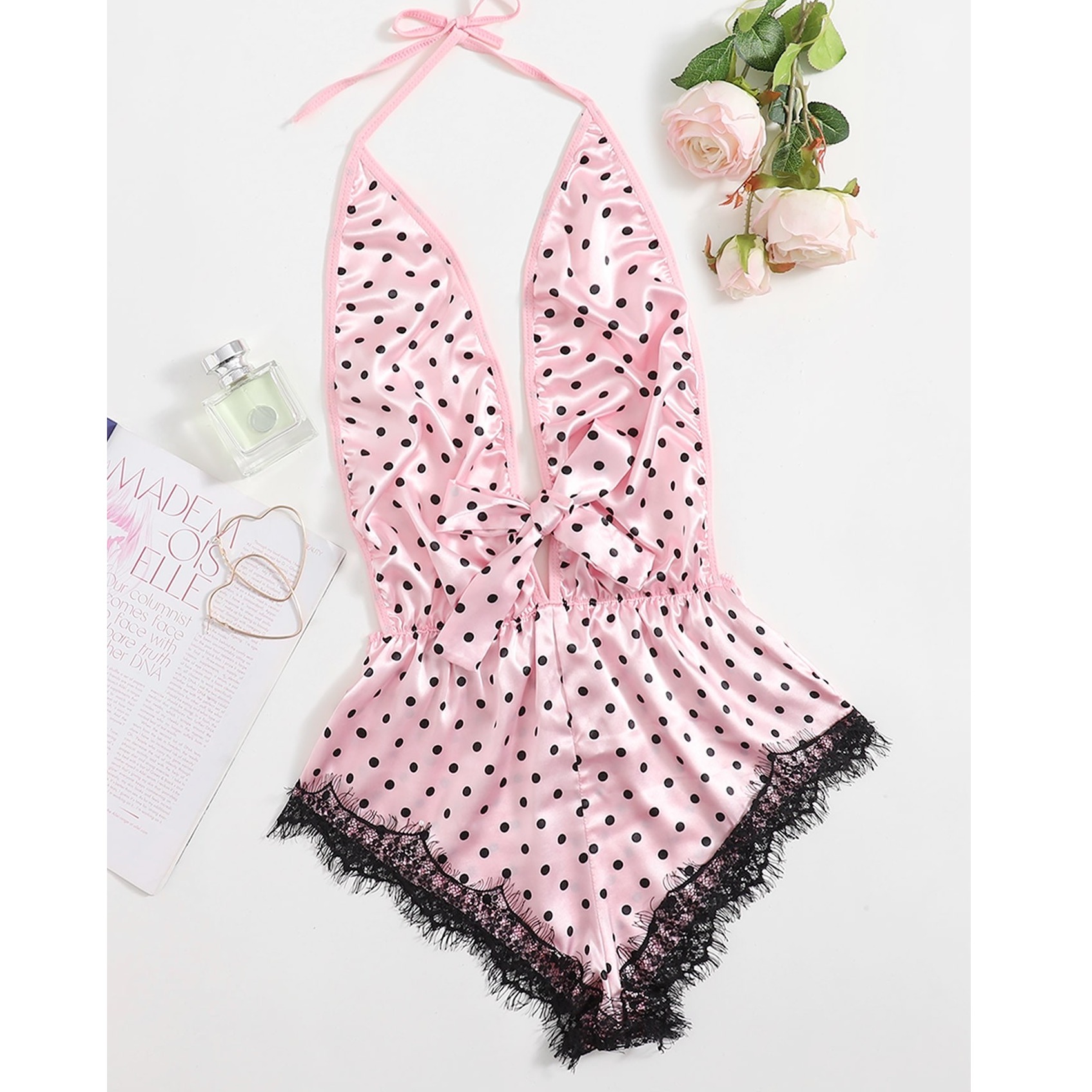 Polka Dot Satin Plunging Teddy Bodysuit
