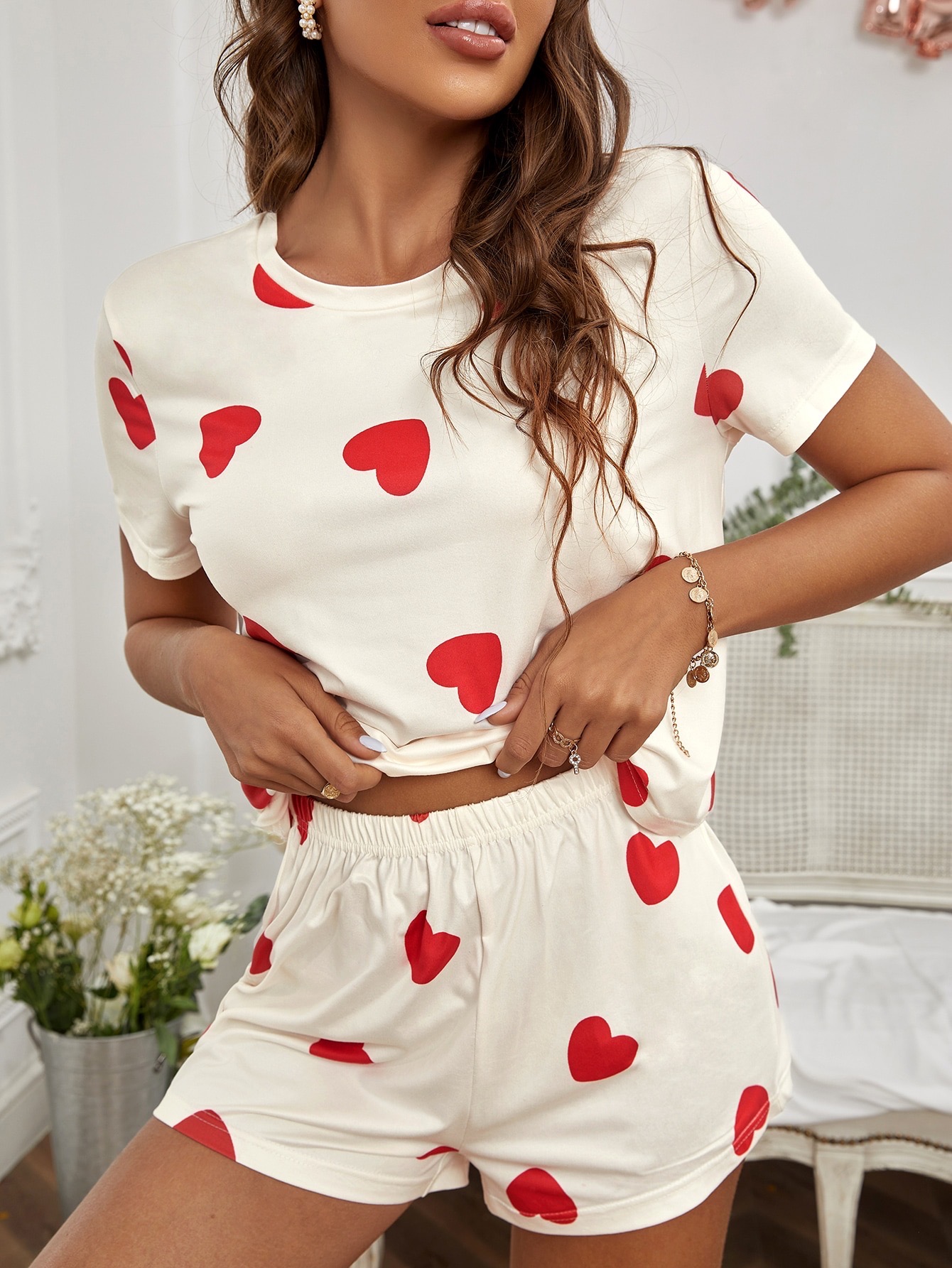 HEART PRINT TEE & SHORTS PAJAMA SETS