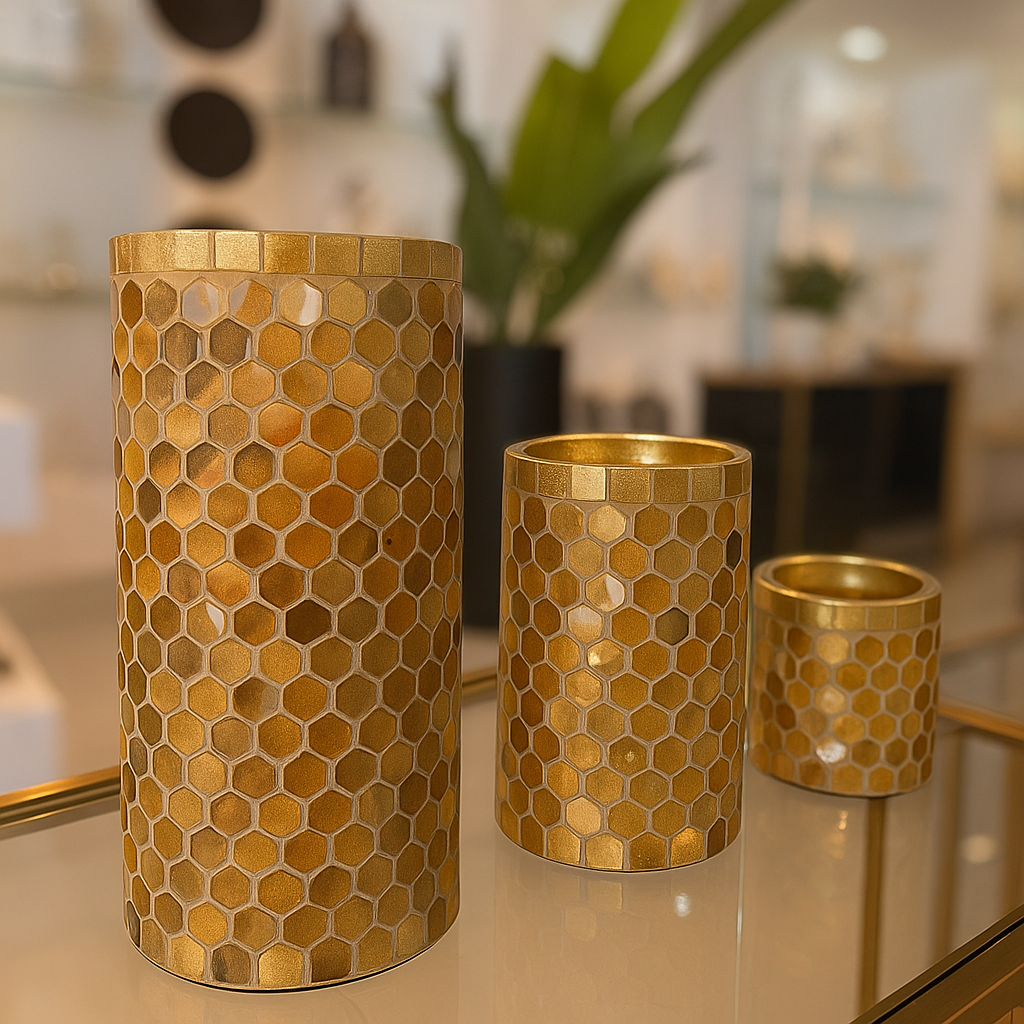 VETRO DORATO – SET DE PORTAVELAS DE MOSAICO DORADO